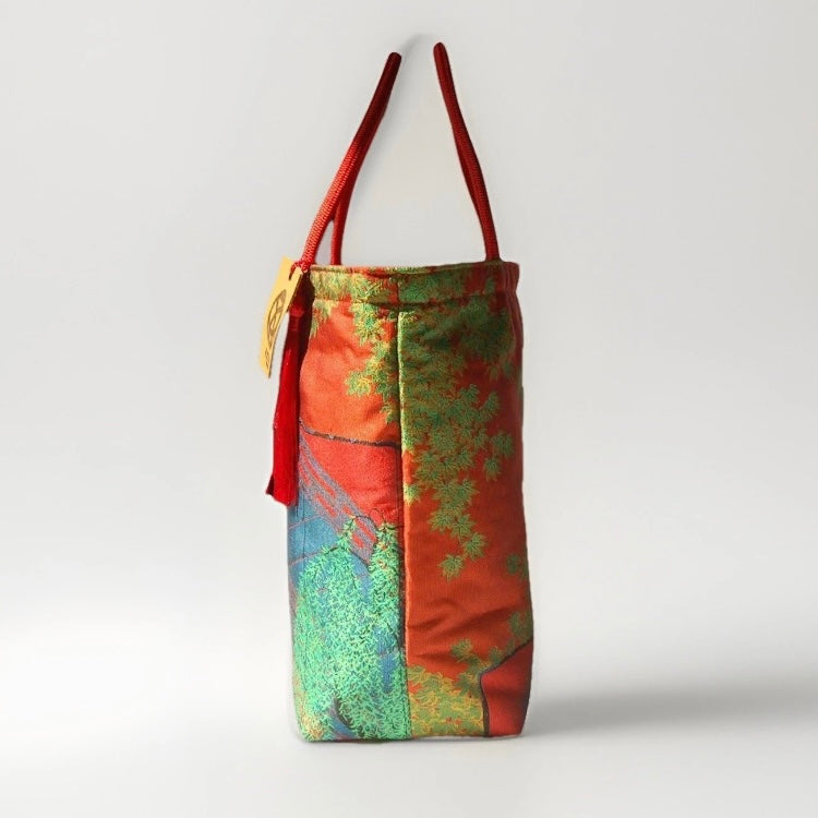 Vintage Fukuro Obi Mini Tote Bag — Bridge & Maple Landscape on Red Silk