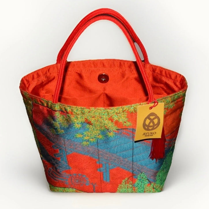 Vintage Fukuro Obi Mini Tote Bag — Bridge & Maple Landscape on Red Silk