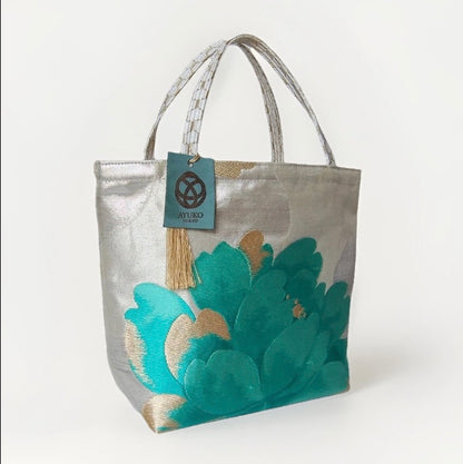 Vintage Fukuro Obi Mini Tote Bag — Emerald & Gold Peony on Silver Silk