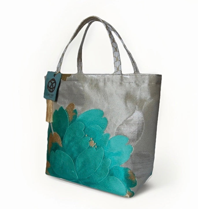 Vintage Fukuro Obi Mini Tote Bag — Emerald & Gold Peony on Silver Silk