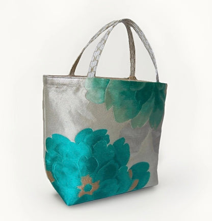 Vintage Fukuro Obi Mini Tote Bag — Emerald & Gold Peony on Silver Silk