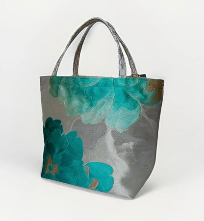 Vintage Fukuro Obi Mini Tote Bag — Emerald & Gold Peony on Silver Silk