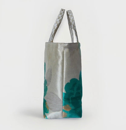 Vintage Fukuro Obi Mini Tote Bag — Emerald & Gold Peony on Silver Silk