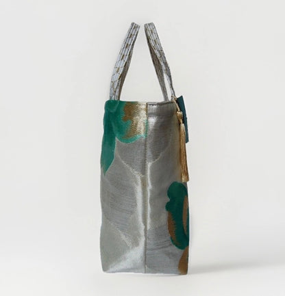 Vintage Fukuro Obi Mini Tote Bag — Emerald & Gold Peony on Silver Silk