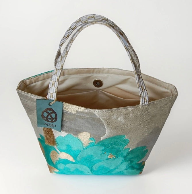 Vintage Fukuro Obi Mini Tote Bag — Emerald & Gold Peony on Silver Silk