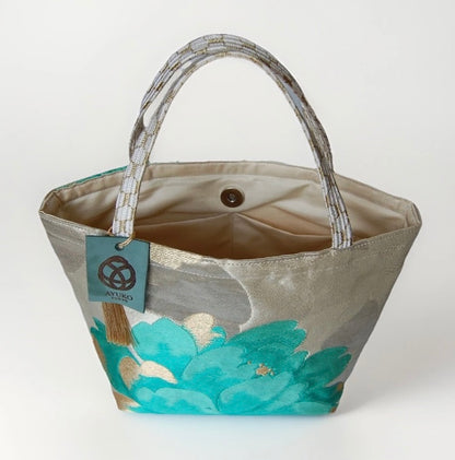 Vintage Fukuro Obi Mini Tote Bag — Emerald & Gold Peony on Silver Silk
