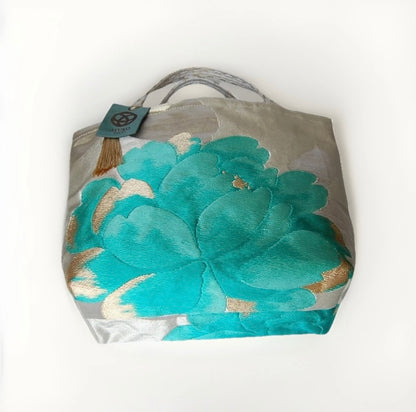Vintage Fukuro Obi Mini Tote Bag — Emerald & Gold Peony on Silver Silk