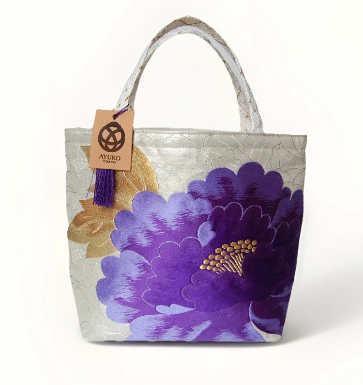 Vintage Fukuro Obi Mini Tote Bag — Purple Peony on Silver Silk