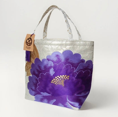 Vintage Fukuro Obi Mini Tote Bag — Purple Peony on Silver Silk