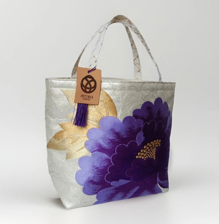 Vintage Fukuro Obi Mini Tote Bag — Purple Peony on Silver Silk
