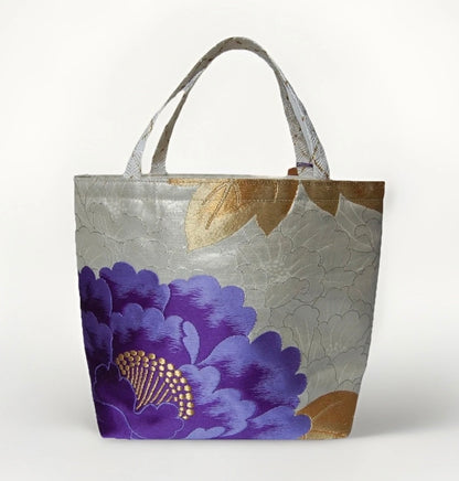 Vintage Fukuro Obi Mini Tote Bag — Purple Peony on Silver Silk