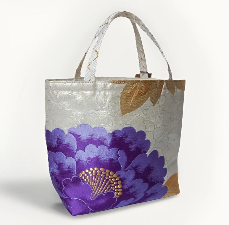 Vintage Fukuro Obi Mini Tote Bag — Purple Peony on Silver Silk