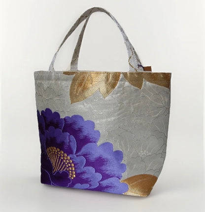 Vintage Fukuro Obi Mini Tote Bag — Purple Peony on Silver Silk