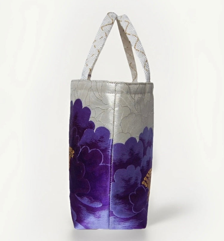 Vintage Fukuro Obi Mini Tote Bag — Purple Peony on Silver Silk