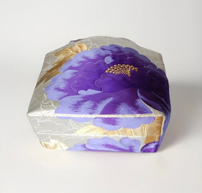 Vintage Fukuro Obi Mini Tote Bag — Purple Peony on Silver Silk