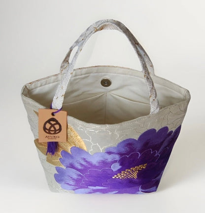 Vintage Fukuro Obi Mini Tote Bag — Purple Peony on Silver Silk
