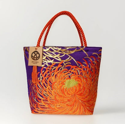 Rangiku 乱菊 Chrysanthemum Vintage Obi Silk Tote in Purple Orange Gold