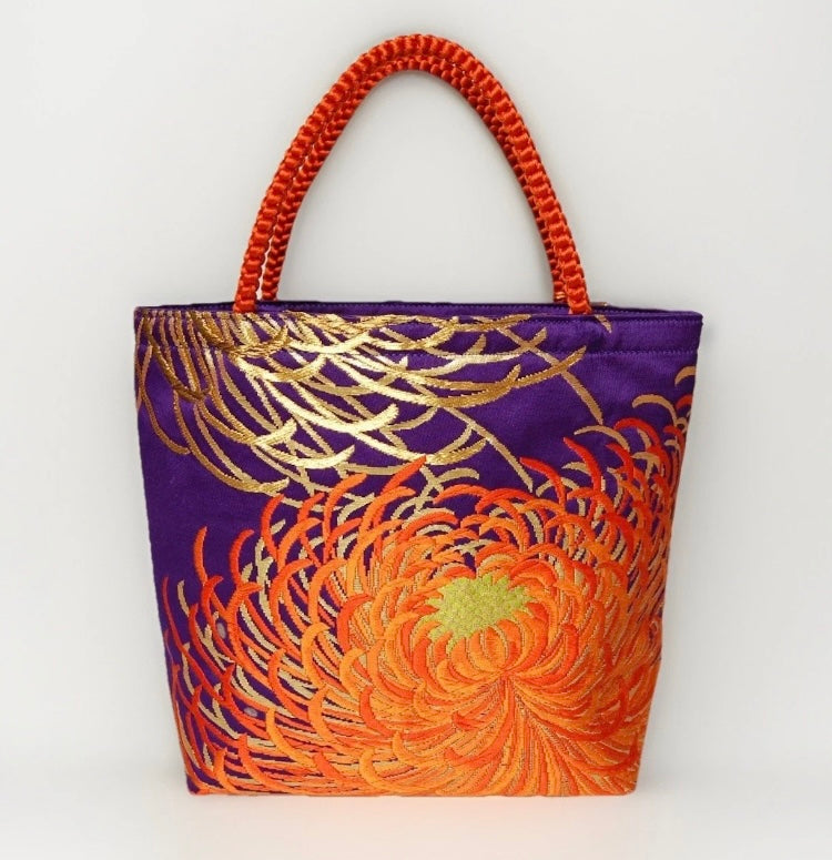 Rangiku 乱菊 Chrysanthemum Vintage Obi Silk Tote in Purple Orange Gold