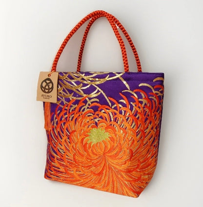 Rangiku 乱菊 Chrysanthemum Vintage Obi Silk Tote in Purple Orange Gold