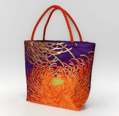 Rangiku 乱菊 Chrysanthemum Vintage Obi Silk Tote in Purple Orange Gold