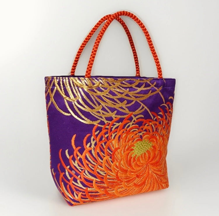 Rangiku 乱菊 Chrysanthemum Vintage Obi Silk Tote in Purple Orange Gold