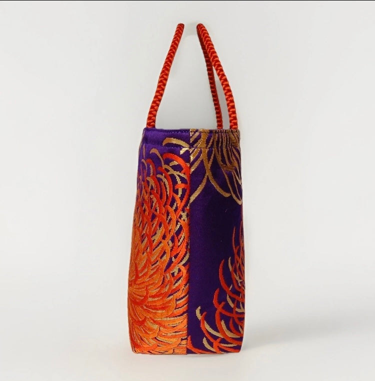 Rangiku 乱菊 Chrysanthemum Vintage Obi Silk Tote in Purple Orange Gold