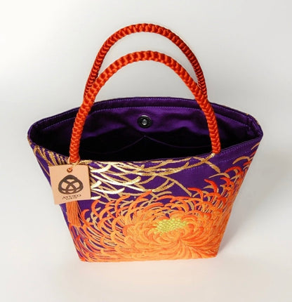 Rangiku 乱菊 Chrysanthemum Vintage Obi Silk Tote in Purple Orange Gold