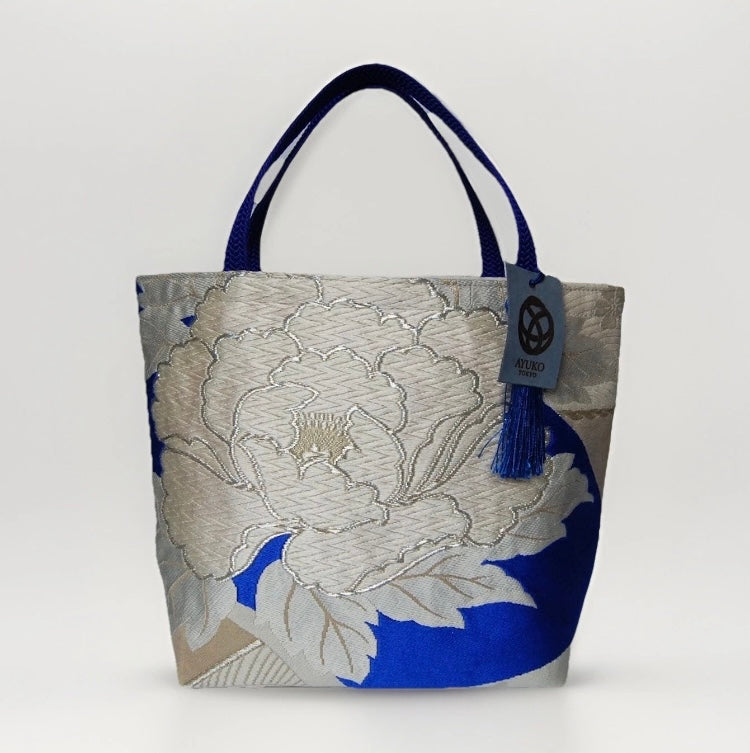 Vintage Silk Fukuro Obi Mini Tote Bag | Peony & Blue Fan Motif