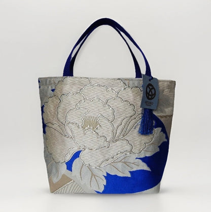 Vintage Silk Fukuro Obi Mini Tote Bag | Peony & Blue Fan Motif
