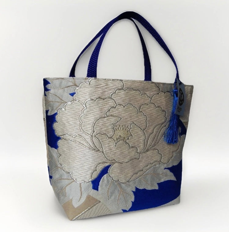 Vintage Silk Fukuro Obi Mini Tote Bag | Peony & Blue Fan Motif