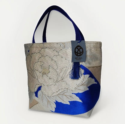 Vintage Silk Fukuro Obi Mini Tote Bag | Peony & Blue Fan Motif