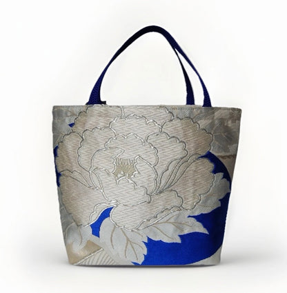 Vintage Silk Fukuro Obi Mini Tote Bag | Peony & Blue Fan Motif