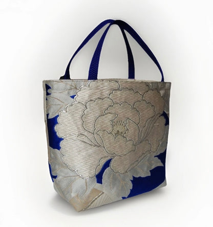 Vintage Silk Fukuro Obi Mini Tote Bag | Peony & Blue Fan Motif
