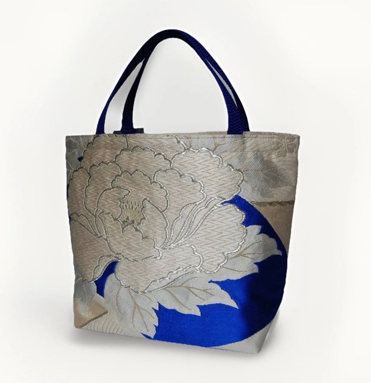 Vintage Silk Fukuro Obi Mini Tote Bag | Peony & Blue Fan Motif