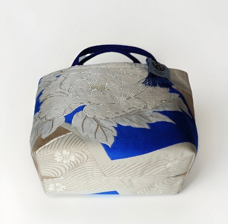 Vintage Silk Fukuro Obi Mini Tote Bag | Peony & Blue Fan Motif