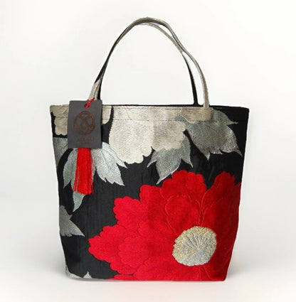 Vintage Fukuro Obi Mini Tote Bag — Red & Silver Peony on Black Silk