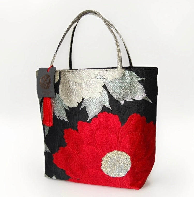 Vintage Fukuro Obi Mini Tote Bag — Red & Silver Peony on Black Silk