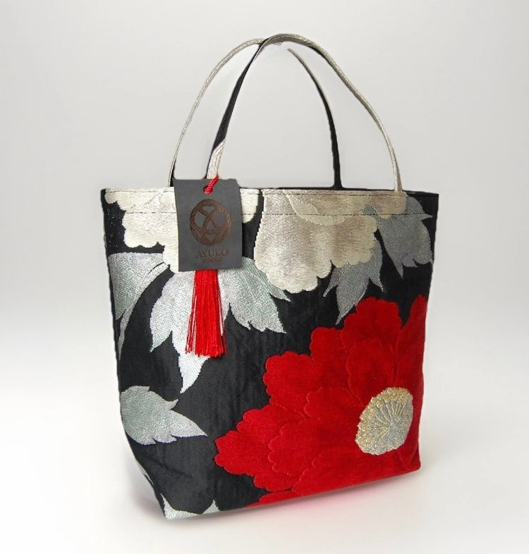 Vintage Fukuro Obi Mini Tote Bag — Red & Silver Peony on Black Silk