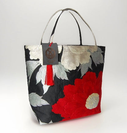 Vintage Fukuro Obi Mini Tote Bag — Red & Silver Peony on Black Silk