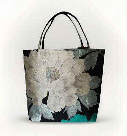 Vintage Fukuro Obi Mini Tote Bag — Red & Silver Peony on Black Silk