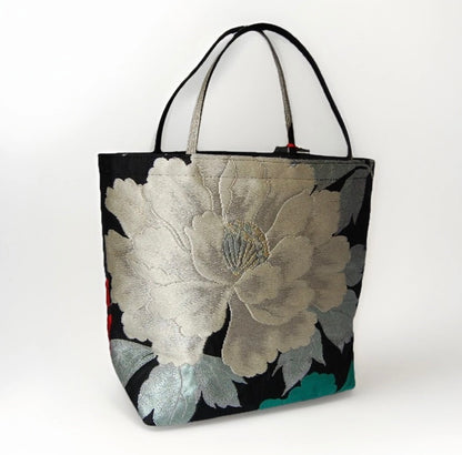 Vintage Fukuro Obi Mini Tote Bag — Red & Silver Peony on Black Silk