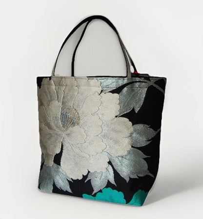 Vintage Fukuro Obi Mini Tote Bag — Red & Silver Peony on Black Silk