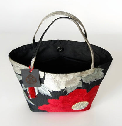Vintage Fukuro Obi Mini Tote Bag — Red & Silver Peony on Black Silk
