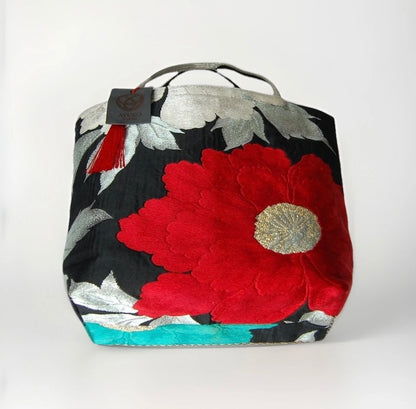 Vintage Fukuro Obi Mini Tote Bag — Red & Silver Peony on Black Silk