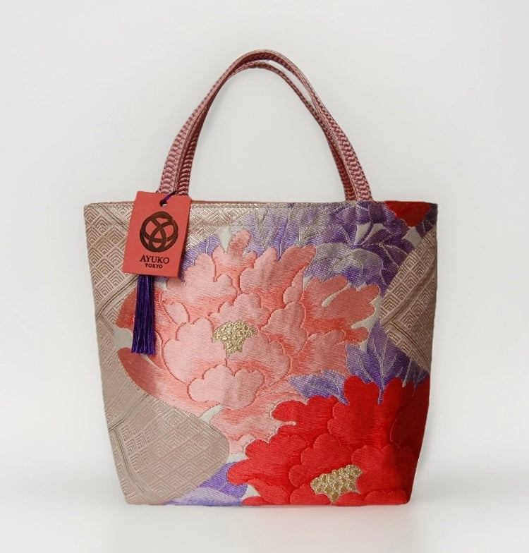 Vintage Fukuro Obi Mini Tote Bag — Pink & Purple Peony Silk