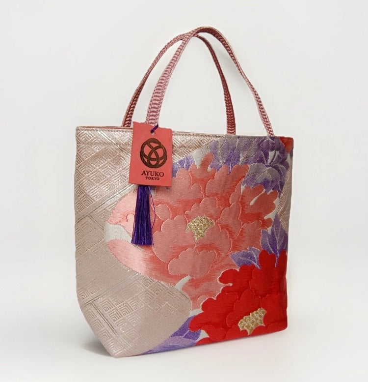 Vintage Fukuro Obi Mini Tote Bag — Pink & Purple Peony Silk
