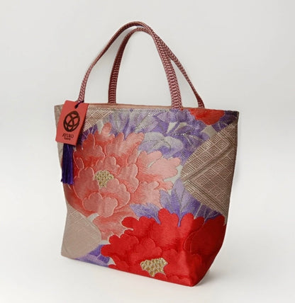 Vintage Fukuro Obi Mini Tote Bag — Pink & Purple Peony Silk