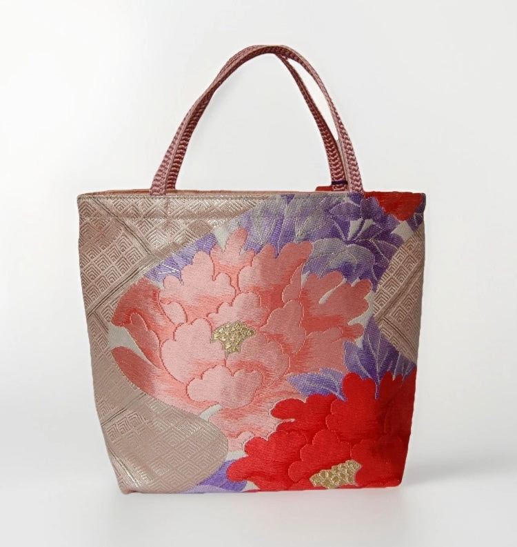 Vintage Fukuro Obi Mini Tote Bag — Pink & Purple Peony Silk