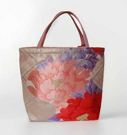Vintage Fukuro Obi Mini Tote Bag — Pink & Purple Peony Silk