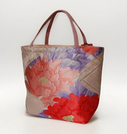 Vintage Fukuro Obi Mini Tote Bag — Pink & Purple Peony Silk